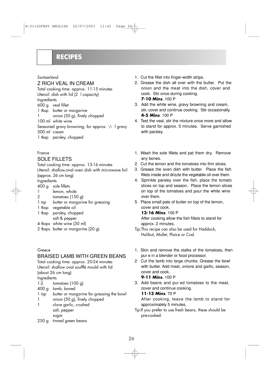 Sharp R-22FBST, R-21 FBST operation manual Zürich Veal in Cream, Sole Fillets, Braised Lamb with Green Beans 