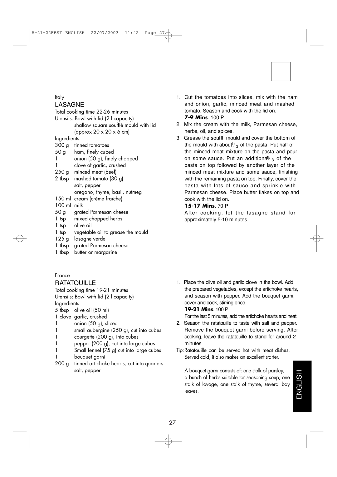 Sharp R-21 FBST, R-22FBST operation manual Lasagne, Ratatouille 