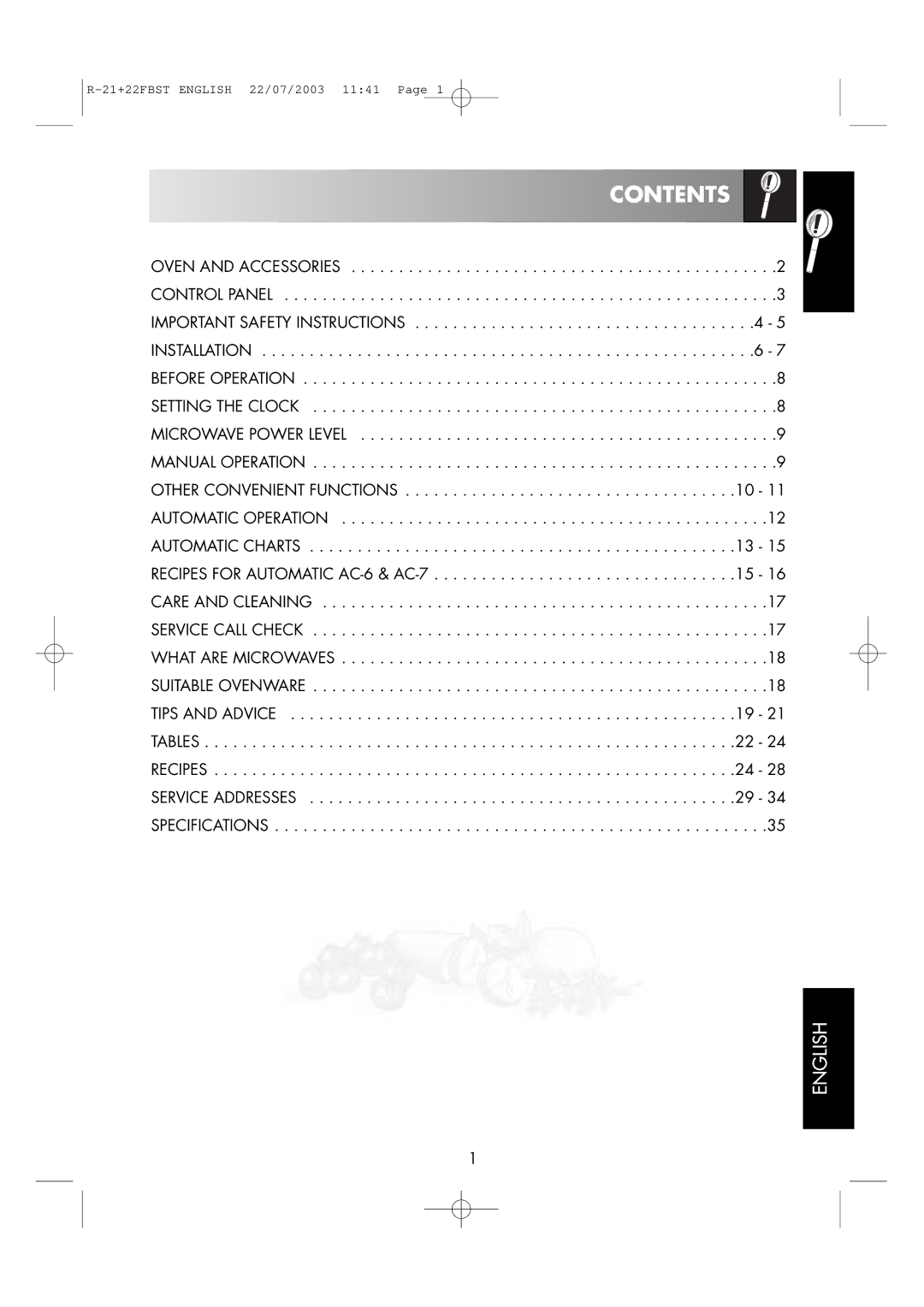 Sharp R-21 FBST, R-22FBST operation manual Contents 