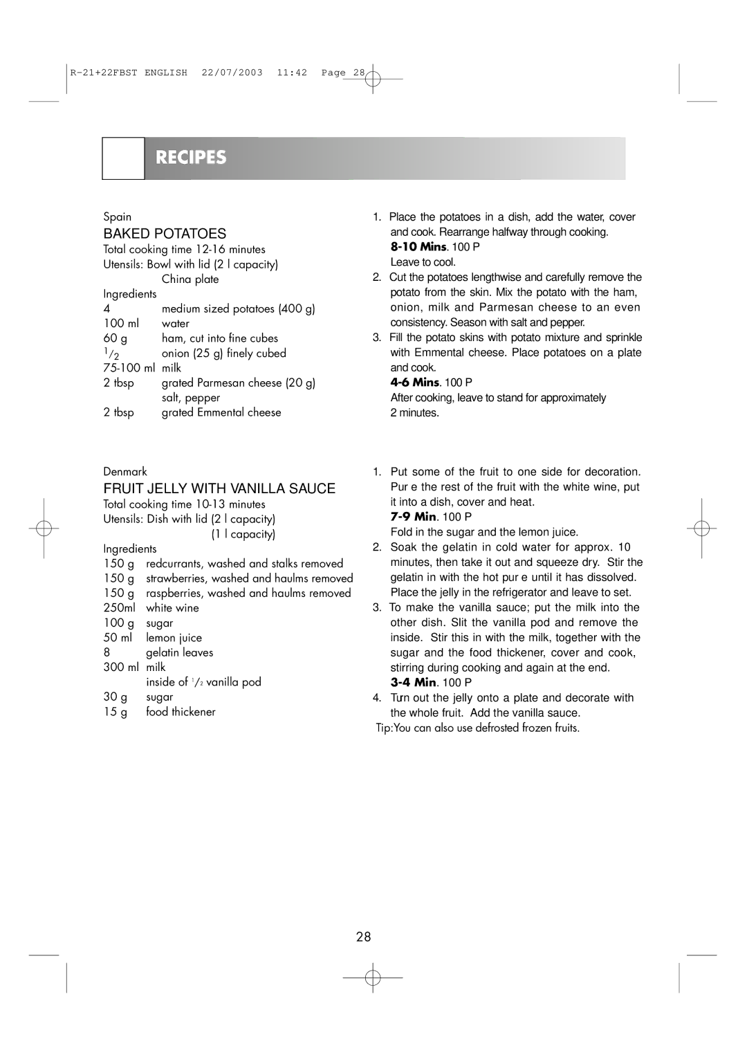 Sharp R-22FBST, R-21 FBST operation manual Baked Potatoes, Fruit Jelly with Vanilla Sauce, Mins P Leave to cool, Min P 