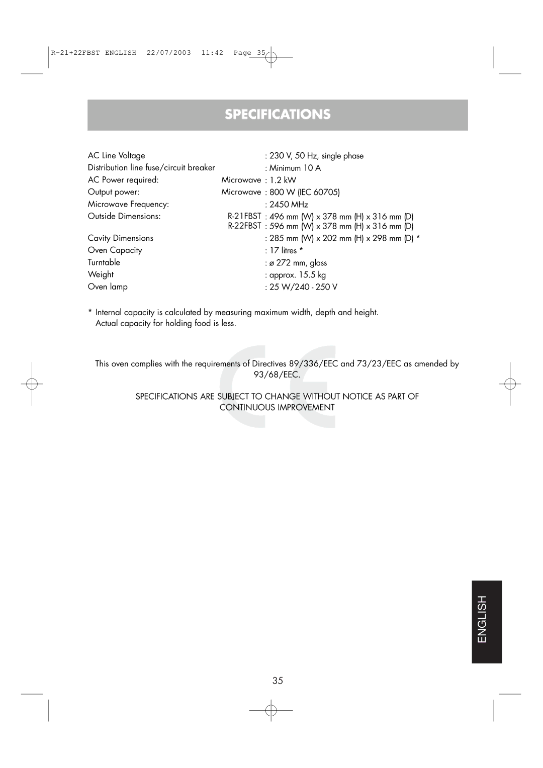 Sharp R-21 FBST, R-22FBST operation manual Specifications 