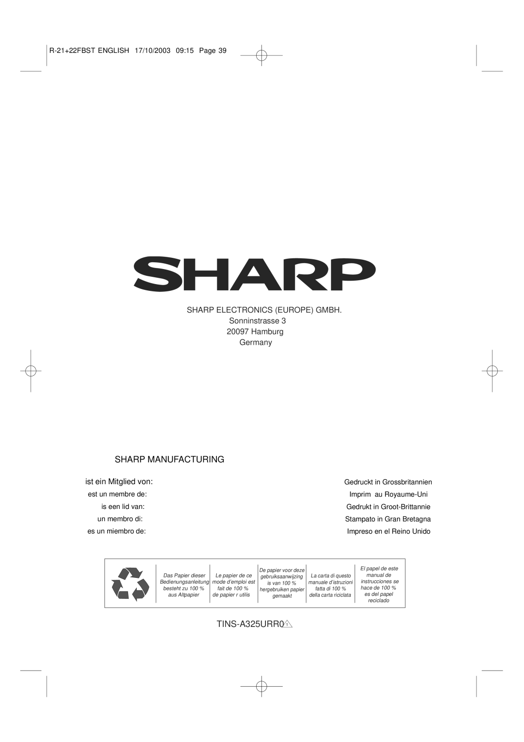 Sharp R-21 FBST, R-22FBST operation manual Is een lid van 