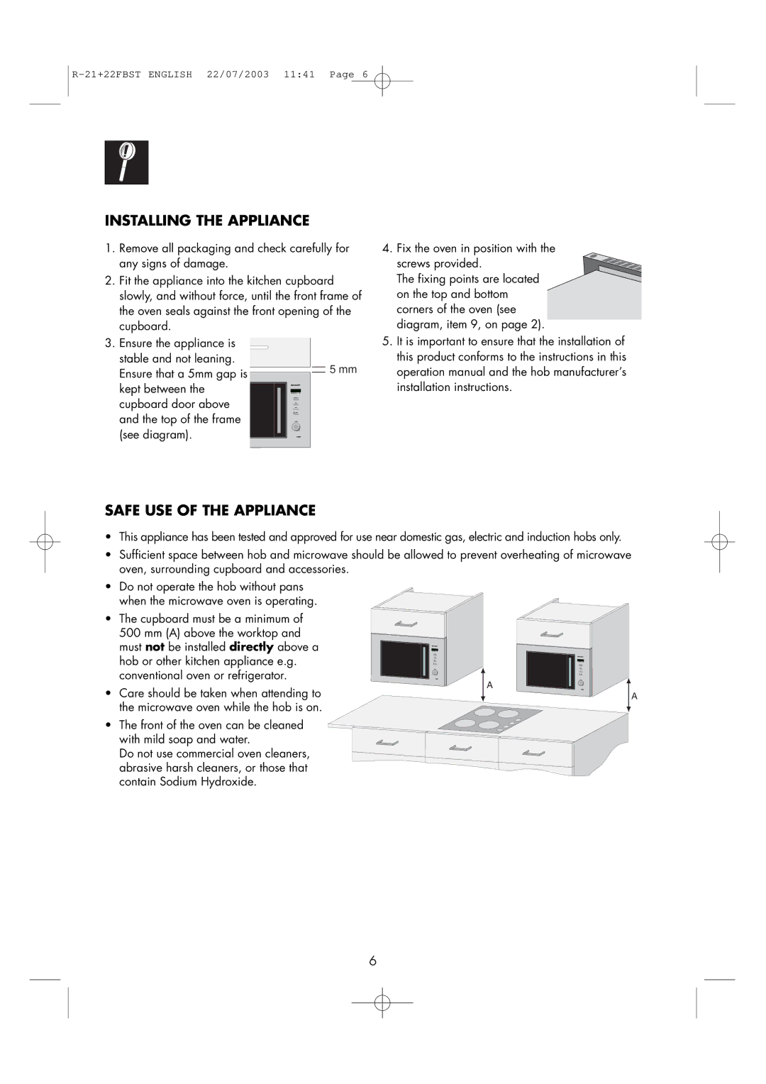 Sharp R-22FBST, R-21 FBST operation manual Installation, Installing the Appliance 