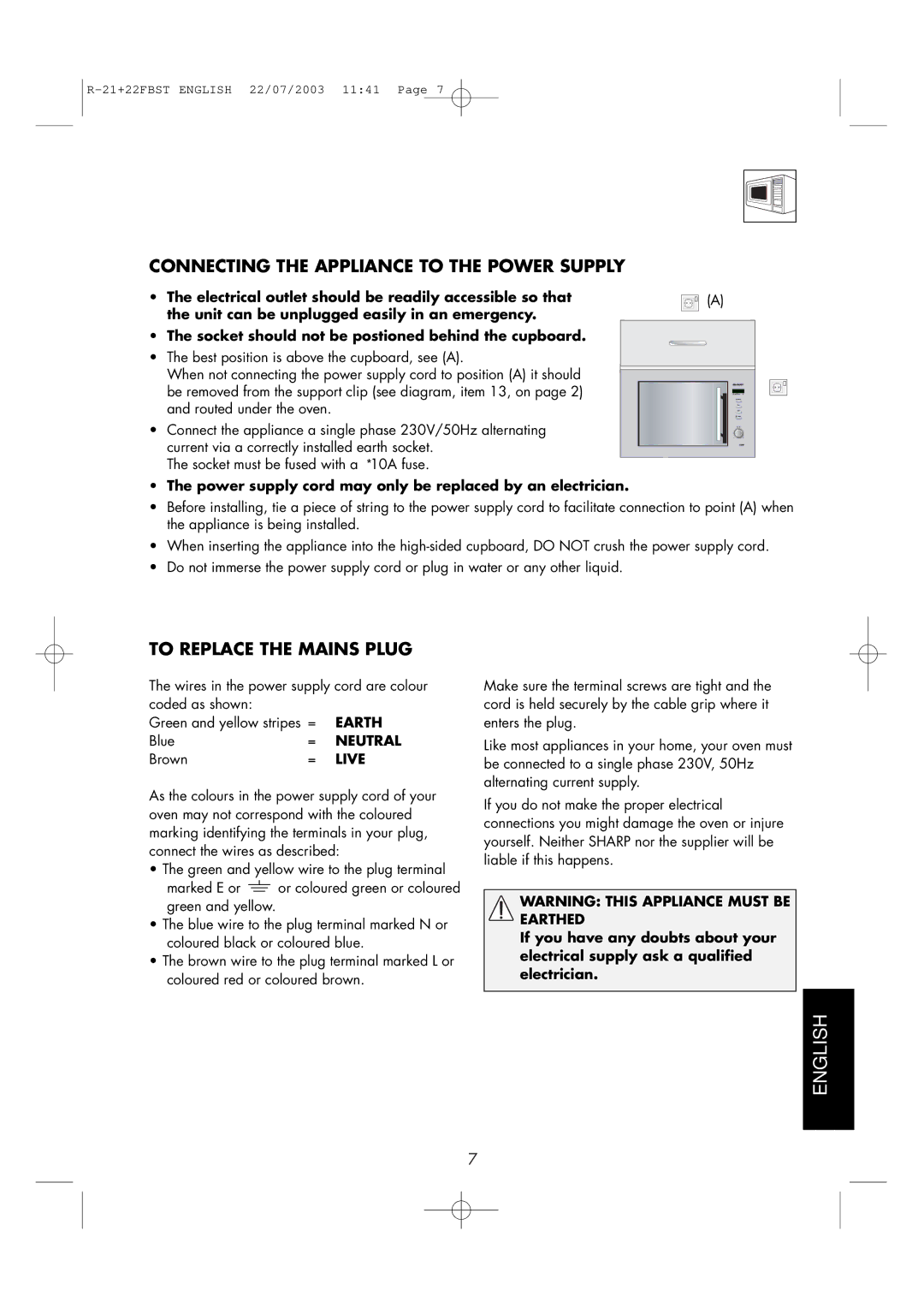 Sharp R-21 FBST, R-22FBST operation manual Power supply cord may only be replaced by an electrician, Earth, Neutral, Live 