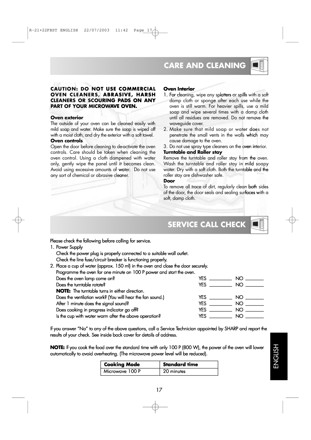 Sharp R-21 FBST, R-22FBST operation manual Care And Cleaning, Service Call Check, English 