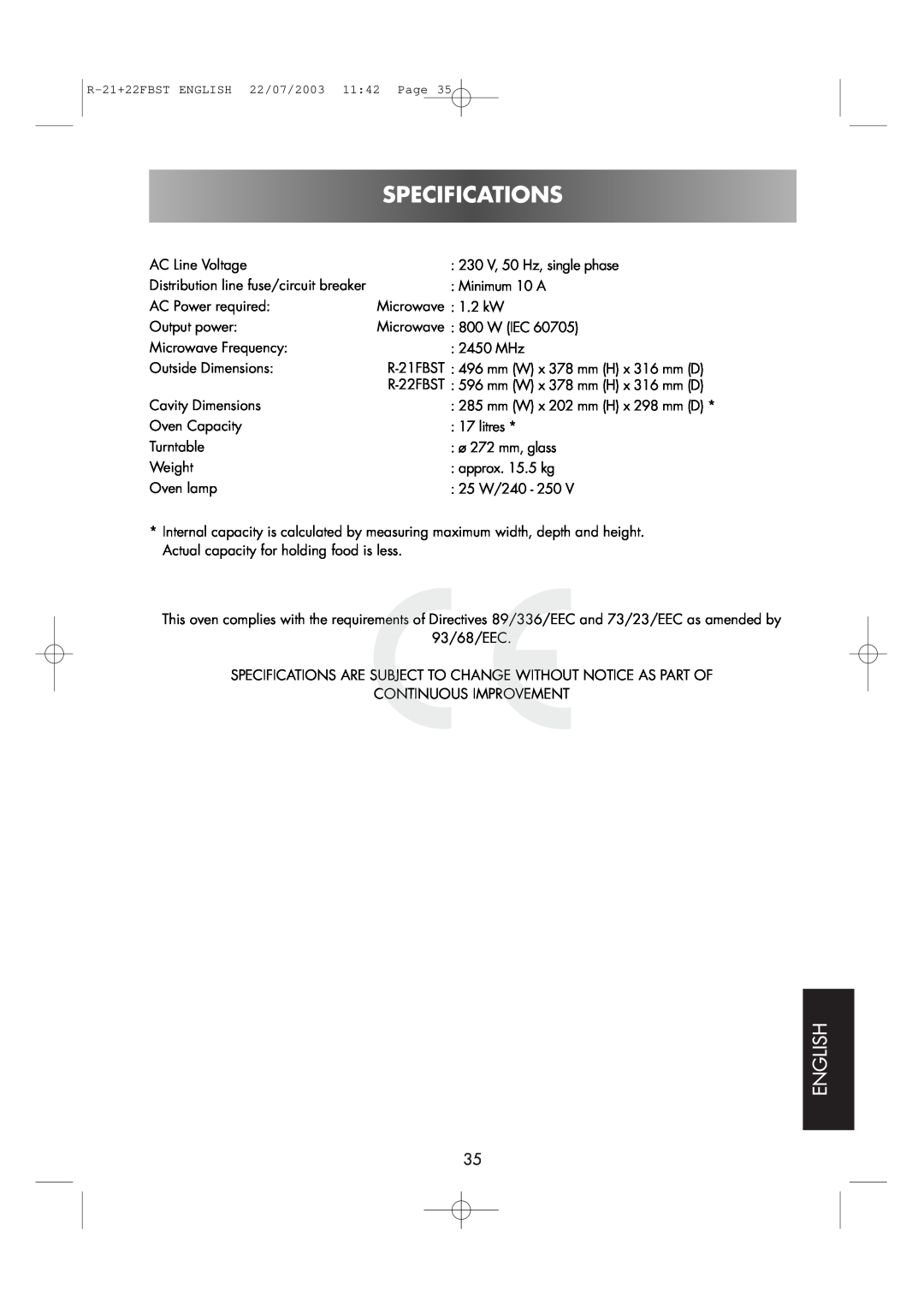 Sharp R-21 FBST, R-22FBST operation manual Specifications, English 