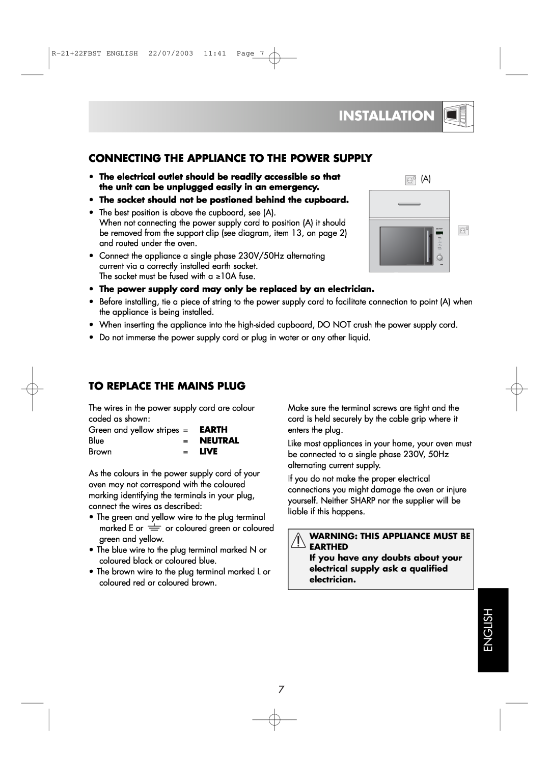 Sharp R-21 FBST, R-22FBST Connecting The Appliance To The Power Supply, To Replace The Mains Plug, Installation, English 