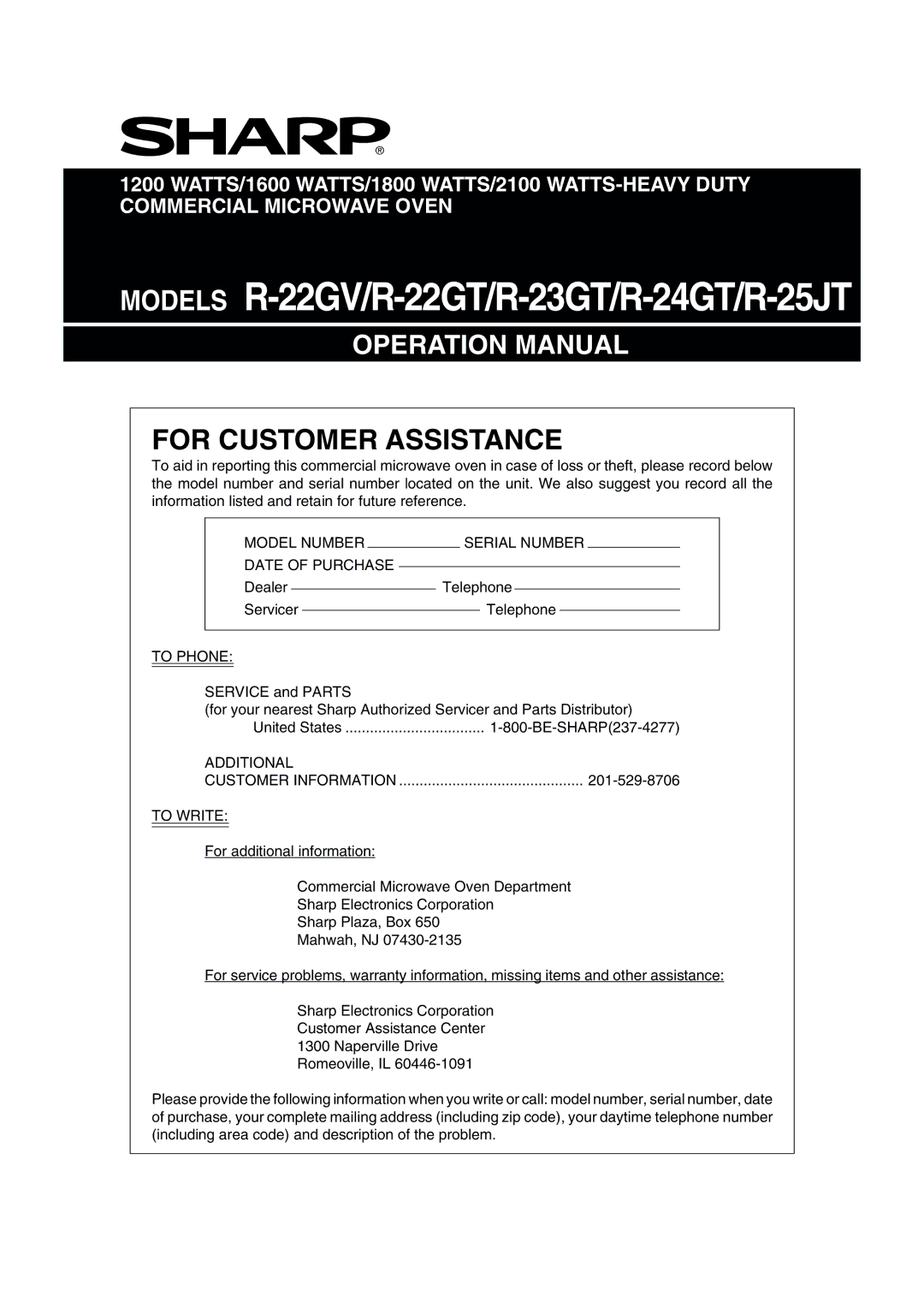 Sharp operation manual Models R-22GV/R-22GT/R-23GT/R-24GT/R-25JT 