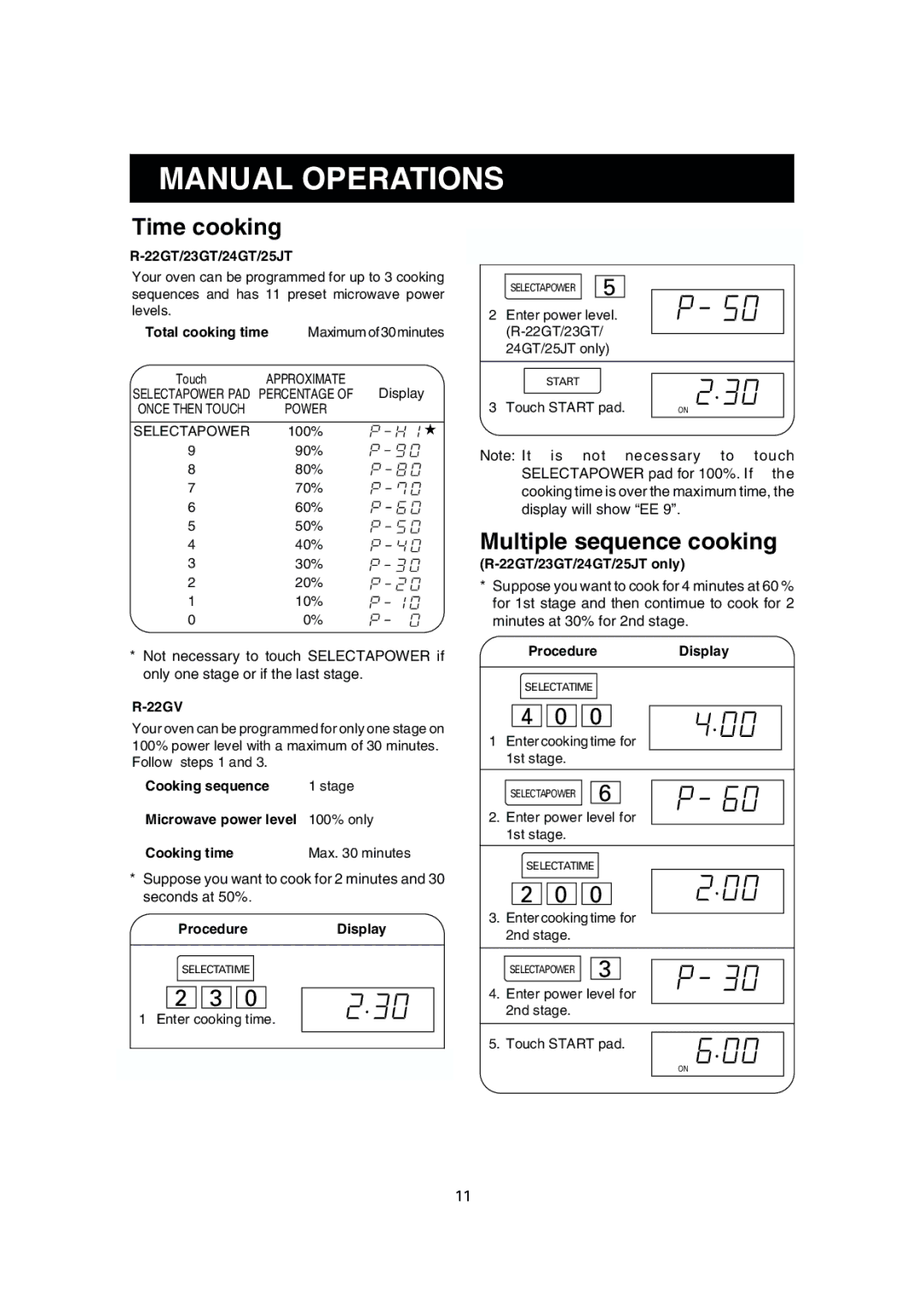 Sharp R-22GT, R-24GT, R-25JT, R-23GT operation manual Manual Operations, Time cooking, Multiple sequence cooking 