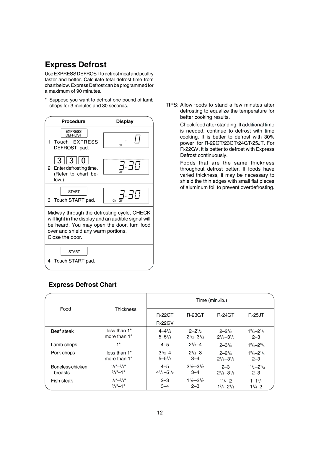 Sharp R-24GT, R-22GT, R-25JT, R-23GT operation manual Express Defrost Chart, Touch Express, Defrost pad 