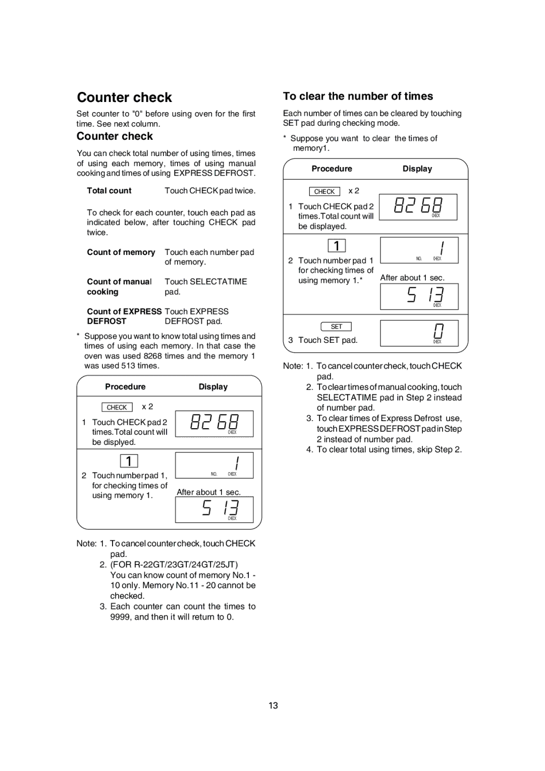 Sharp R-25JT, R-22GT, R-24GT, R-23GT operation manual Counter check, To clear the number of times 