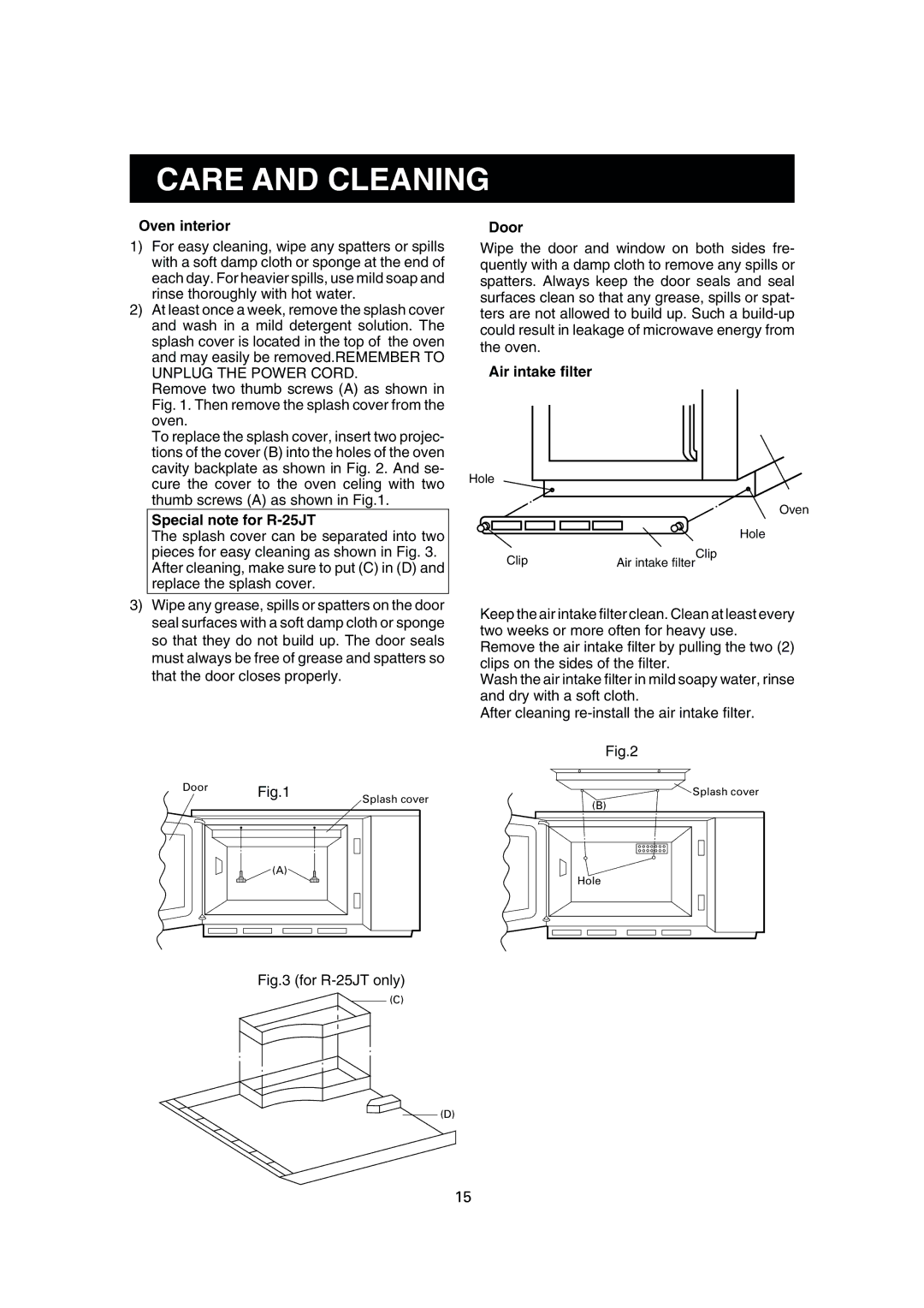 Sharp R-22GT, R-24GT, R-23GT operation manual Oven interior, Special note for R-25JT, Door, Air intake filter 