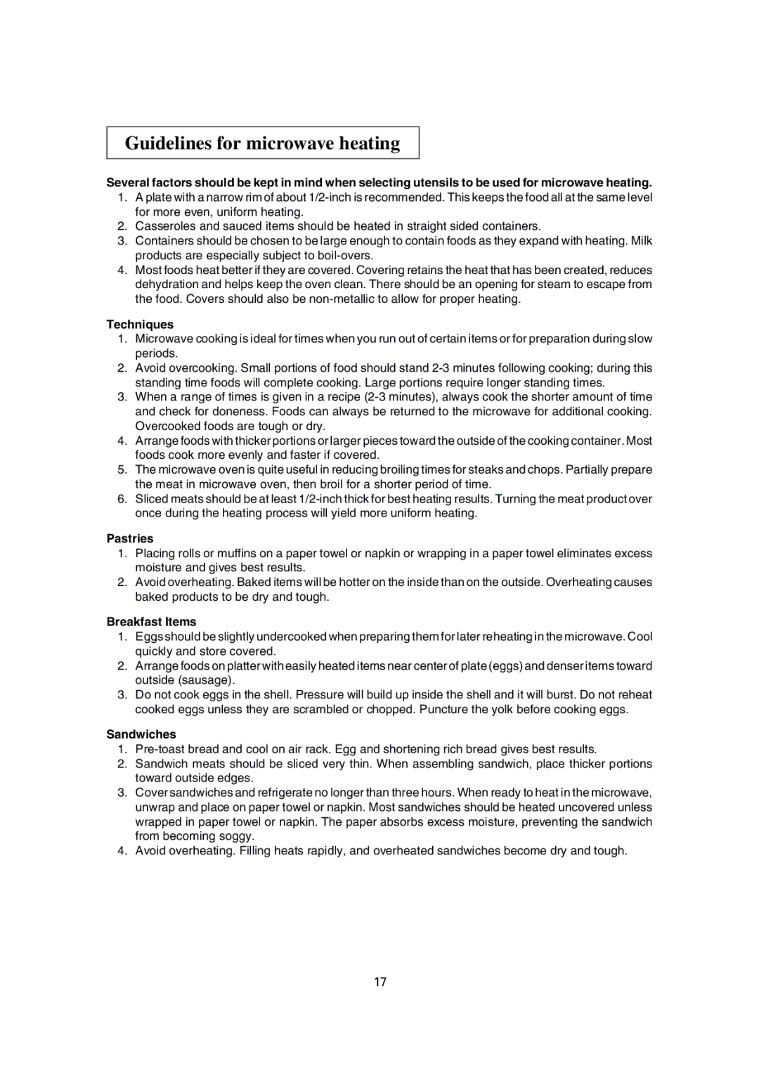 Sharp R-25JT, R-22GT, R-24GT, R-23GT Guidelines for microwave heating, Techniques, Pastries, Breakfast Items, Sandwiches 