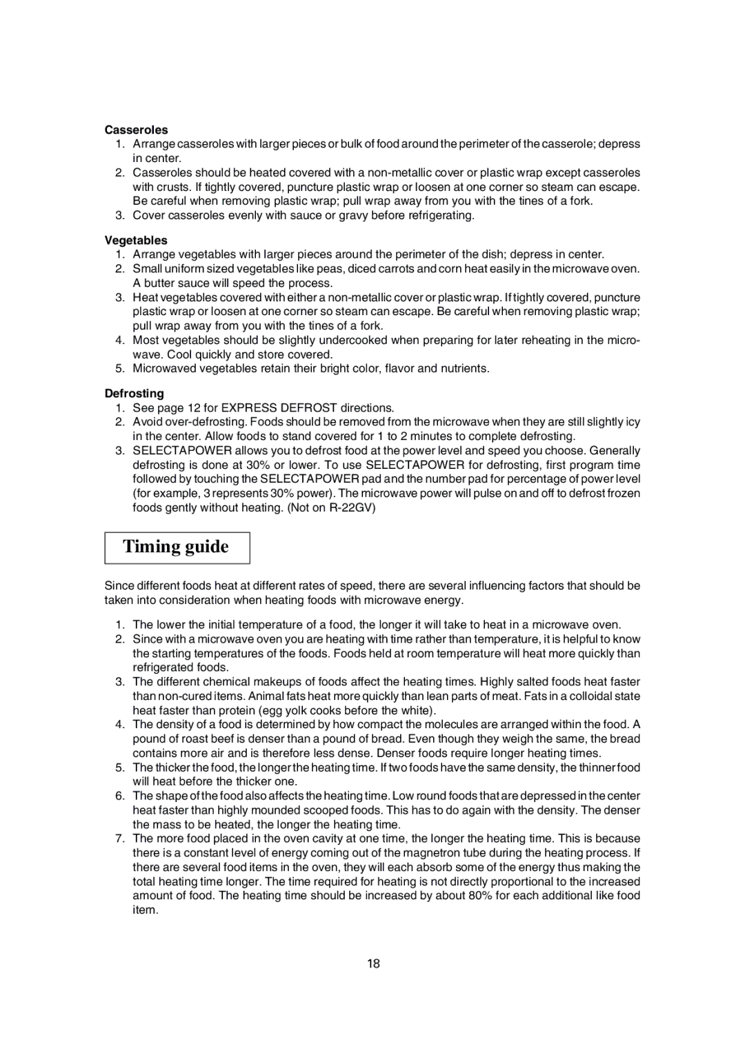 Sharp R-23GT, R-22GT, R-24GT, R-25JT operation manual Timing guide, Casseroles, Vegetables, Defrosting 