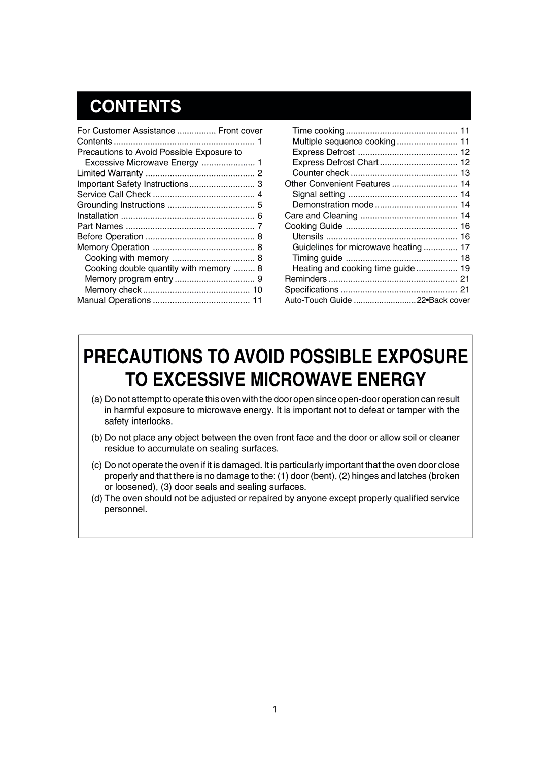 Sharp R-25JT, R-22GT, R-24GT, R-23GT operation manual To Excessive Microwave Energy 