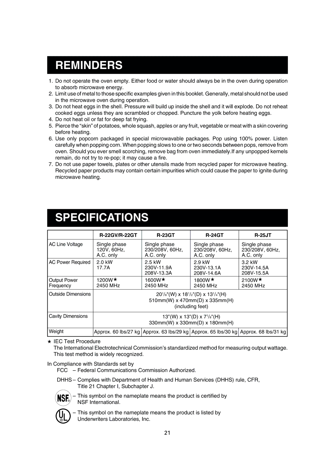 Sharp R-25JT, R-24GT, R-23GT operation manual Reminders, Specifications, 22GV/R-22GT 23GT 24GT 25JT 