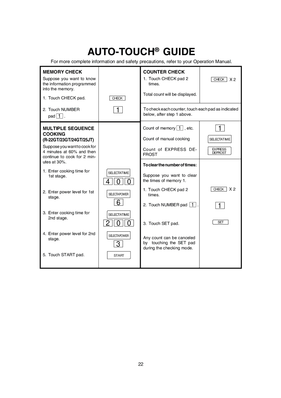 Sharp R-23GT, R-22GT, R-24GT, R-25JT operation manual Memory Check, Counter Check, To clear the number of times 