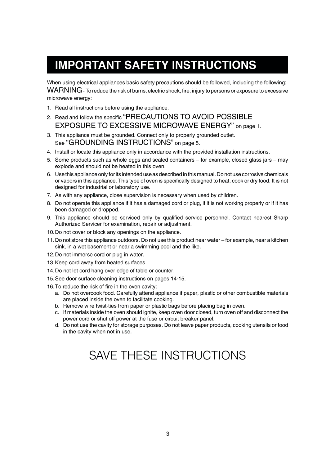 Sharp R-22GT, R-24GT, R-25JT, R-23GT operation manual Important Safety Instructions, See Grounding Instructions on 