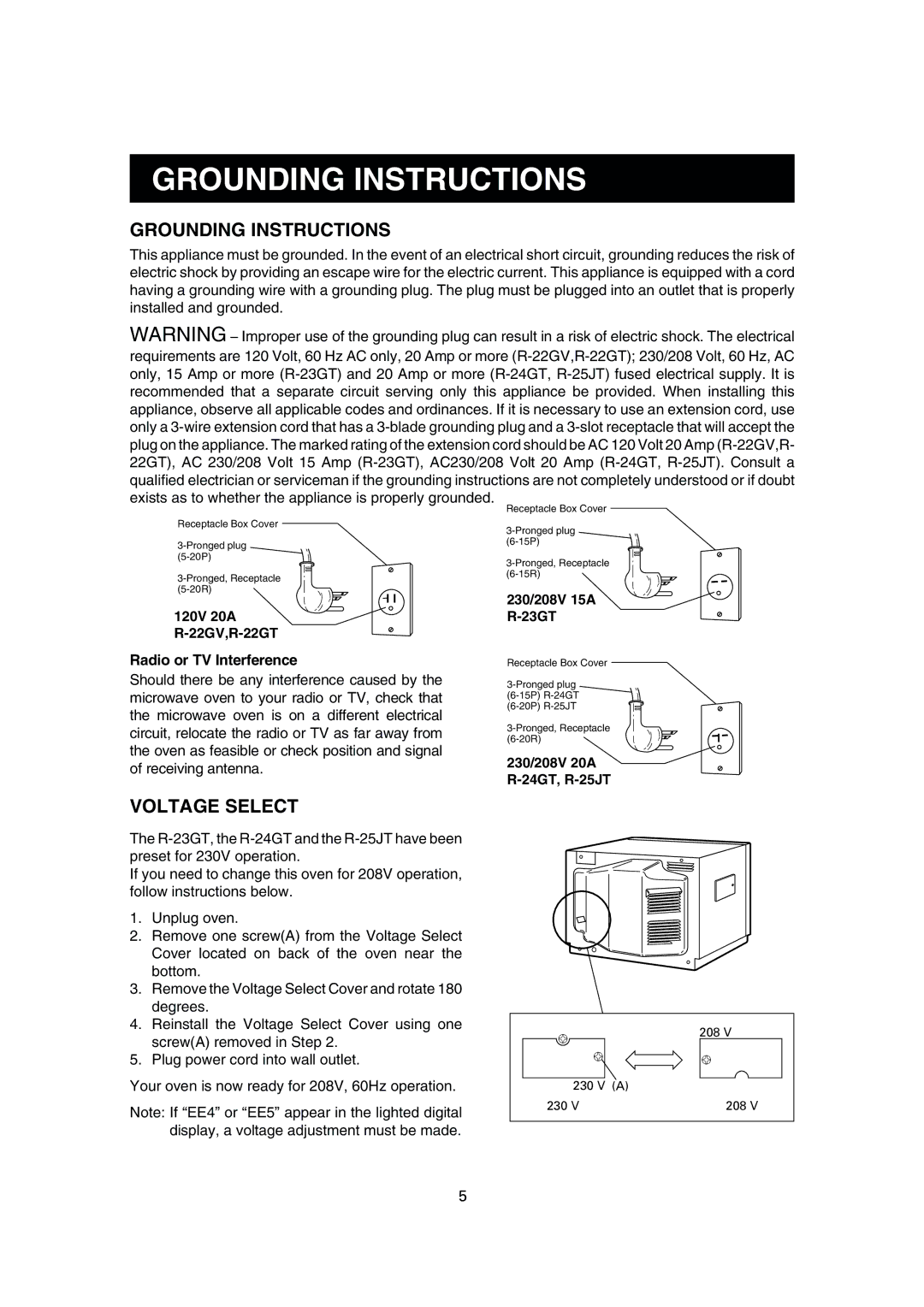 Sharp R-25JT, R-24GT, R-23GT Grounding Instructions, Radio or TV Interference, 230/208V 15A, 120V 20A 23GT 22GV,R-22GT 