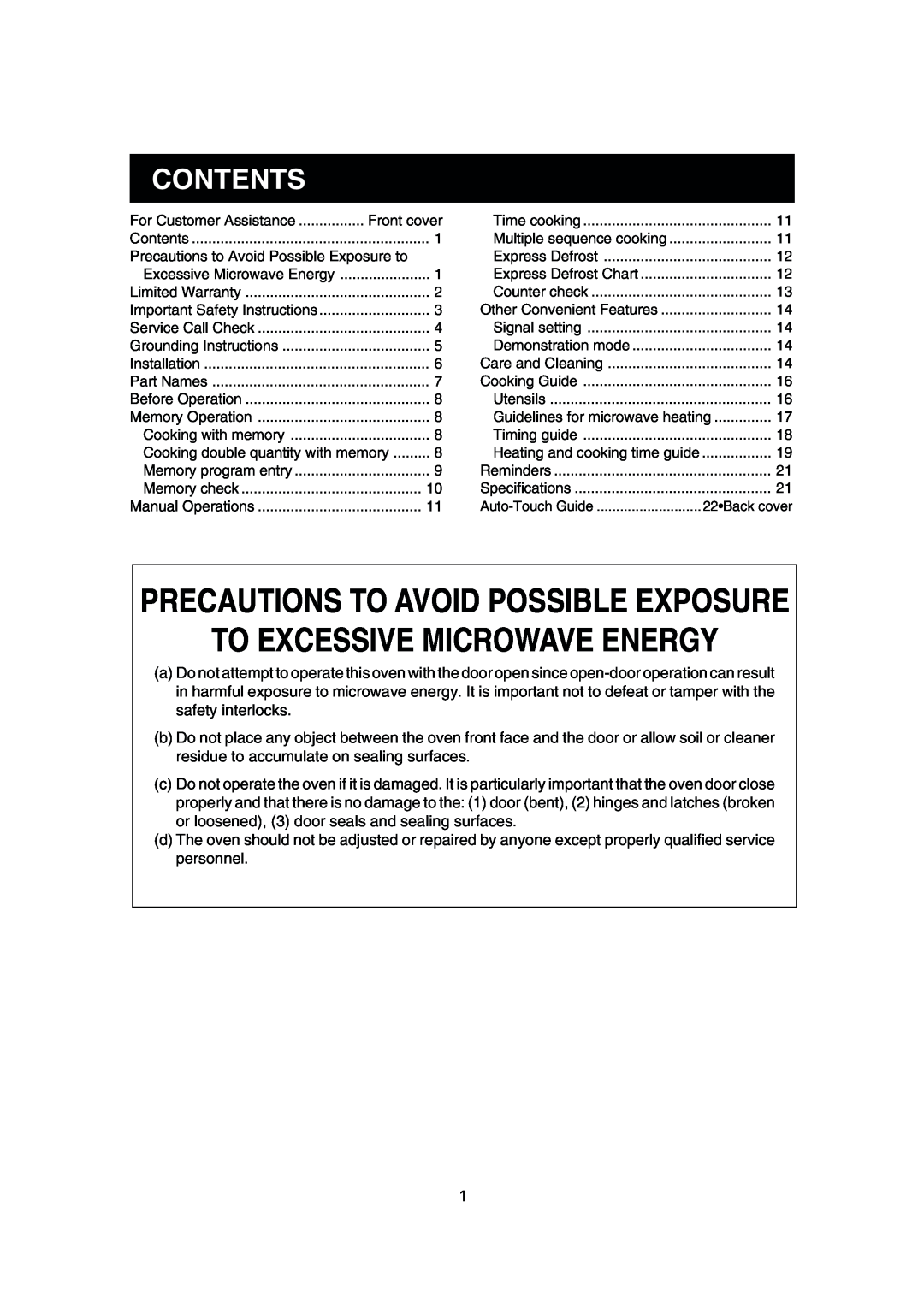 Sharp R-25JT, R-22GT, R-24GT, R-23GT To Excessive Microwave Energy, Precautions To Avoid Possible Exposure, Contents 