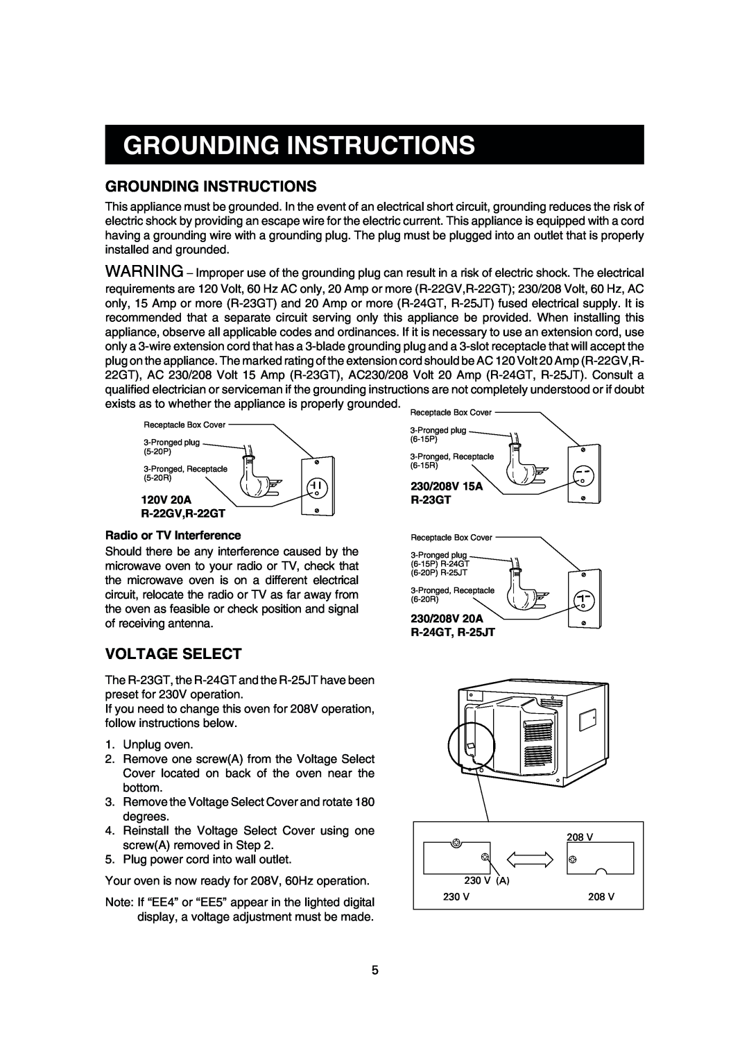 Sharp R-25JT, R-22GT, R-24GT, R-23GT operation manual Grounding Instructions, Voltage Select, Radio or TV Interference 