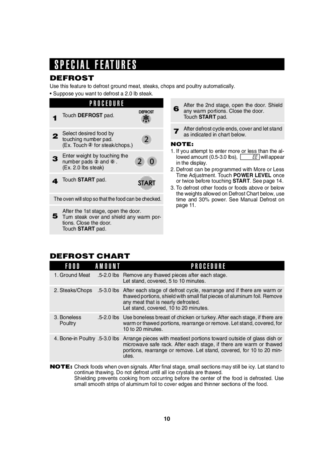 Sharp R-230H, 209H, 203H, 220H operation manual E C I a L F E AT U R E S, O C E D U R E, Defrost Chart 