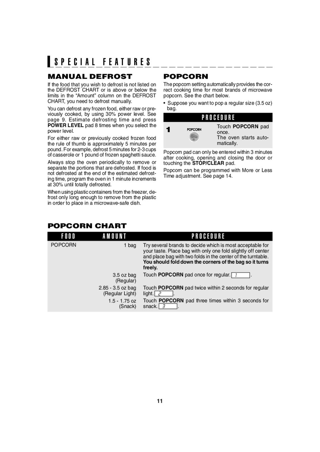 Sharp 209H, R-230H, 203H, 220H operation manual O D O U N T, Manual Defrost, Popcorn Chart 