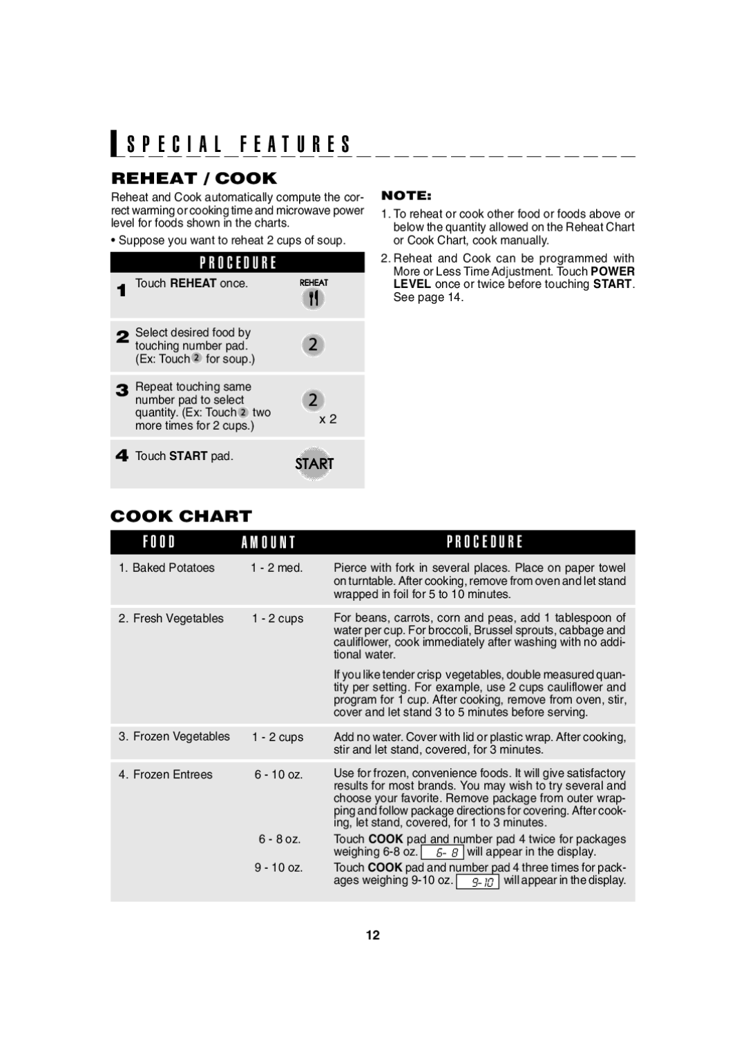 Sharp 203H, R-230H, 209H, 220H operation manual Reheat / Cook, Cook Chart 