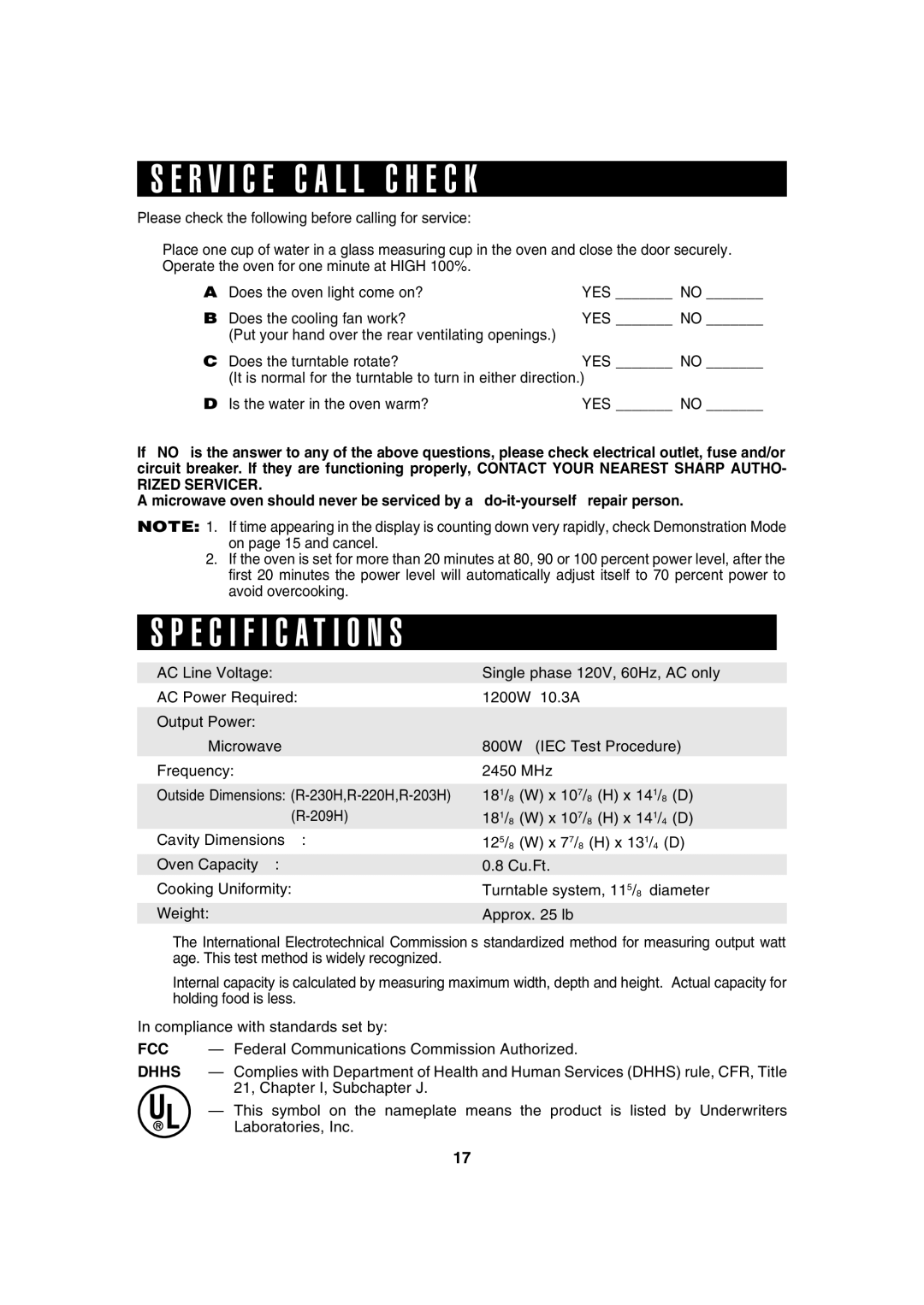 Sharp 220H, R-230H, 209H, 203H operation manual R V I C E C a L L C H E C K, Specification S 