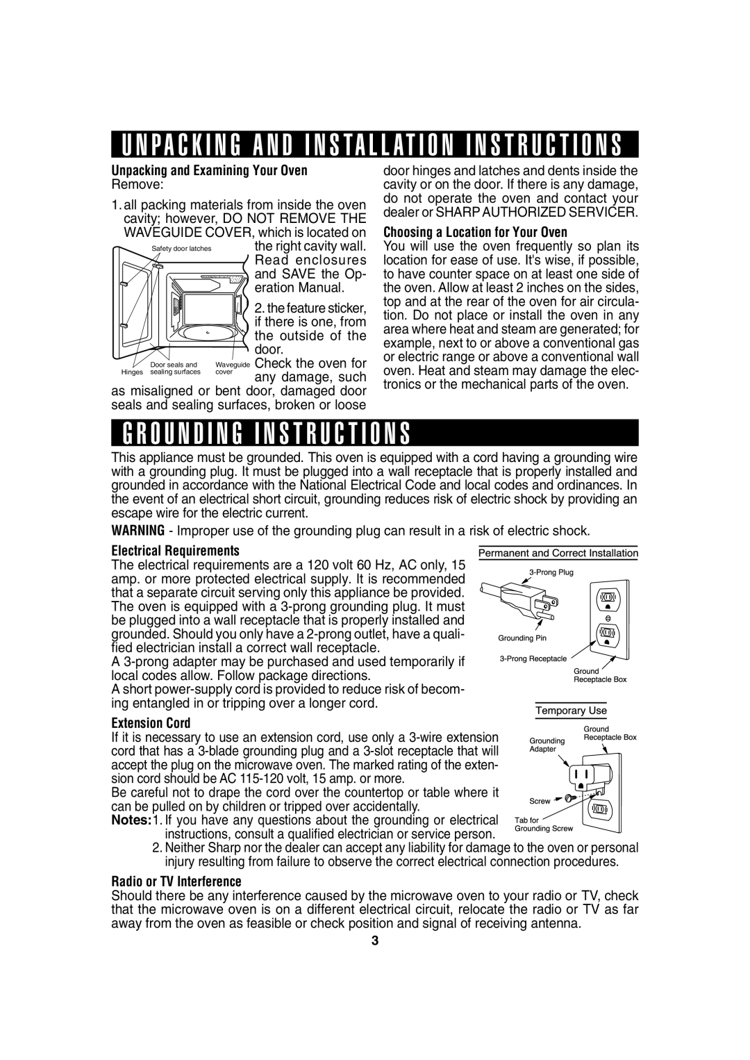 Sharp 209H, R-230H, 203H, 220H operation manual O U N D I N G I N S T R U C T I O N S, Unpacking and Examining Your Oven 