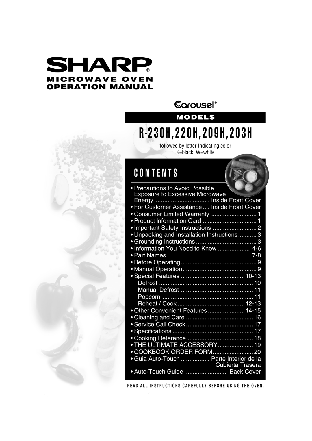 Sharp 209H operation manual R - 2 3 0 H , 2 2 0 H , 2 0 9 H , 2 0 3 H, C O N T E N T S, Microwave Oven Operation Manual 