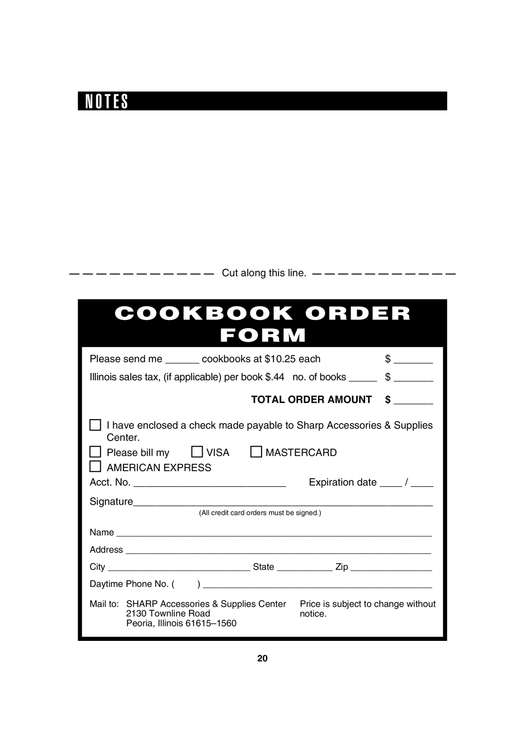 Sharp 203H, R-230H, 209H, 220H operation manual N O T E S, Cookbook Order Form Personal Recipes And Notes, Total Order Amount 