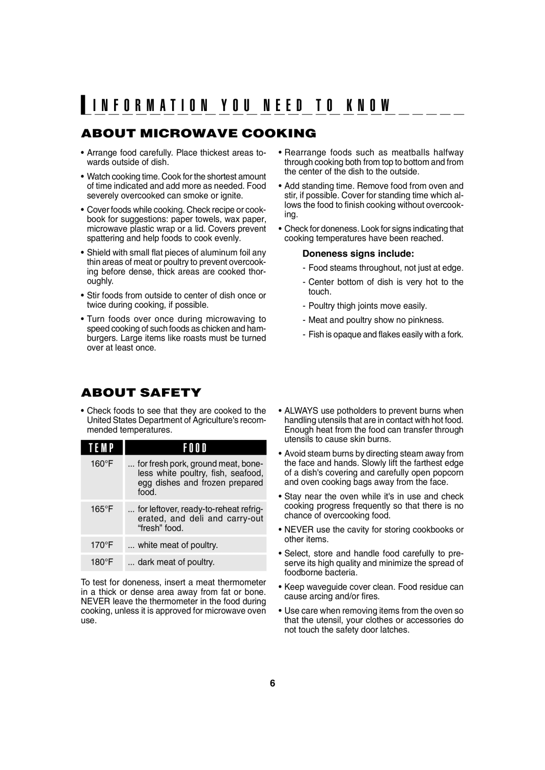 Sharp R-230H, 209H, 203H F O O D, I N F O R M A T I O N Y O U N E E D T O K N O W, About Microwave Cooking, About Safety 