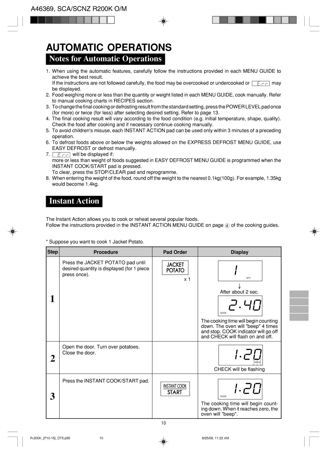 Sharp R-200L, R-230L operation manual Automatic Operations, Instant Action 