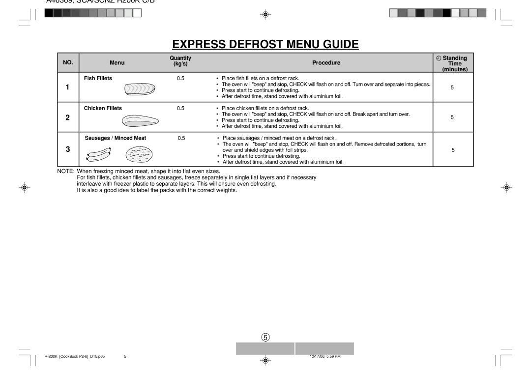 Sharp R-230L, R-200L Express Defrost Menu Guide, Procedure Standing, Fish Fillets, Chicken Fillets, Sausages / Minced Meat 