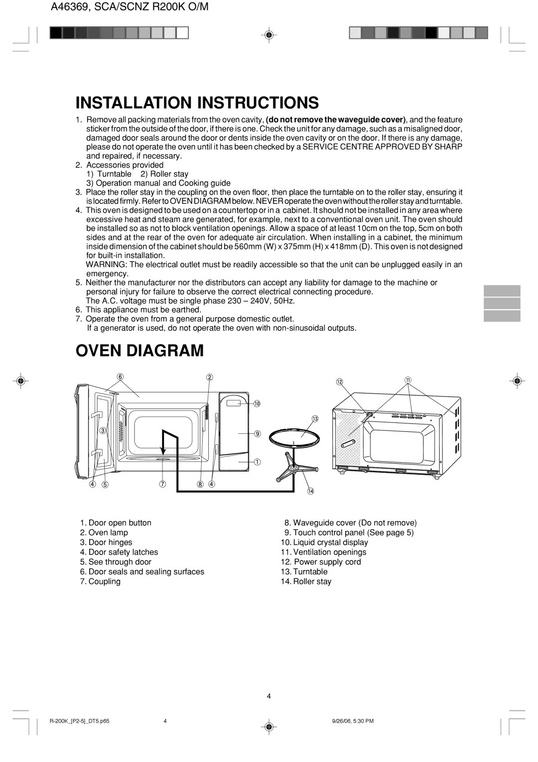 Sharp R-200L, R-230L operation manual Installation Instructions, Oven Diagram, Door open button 