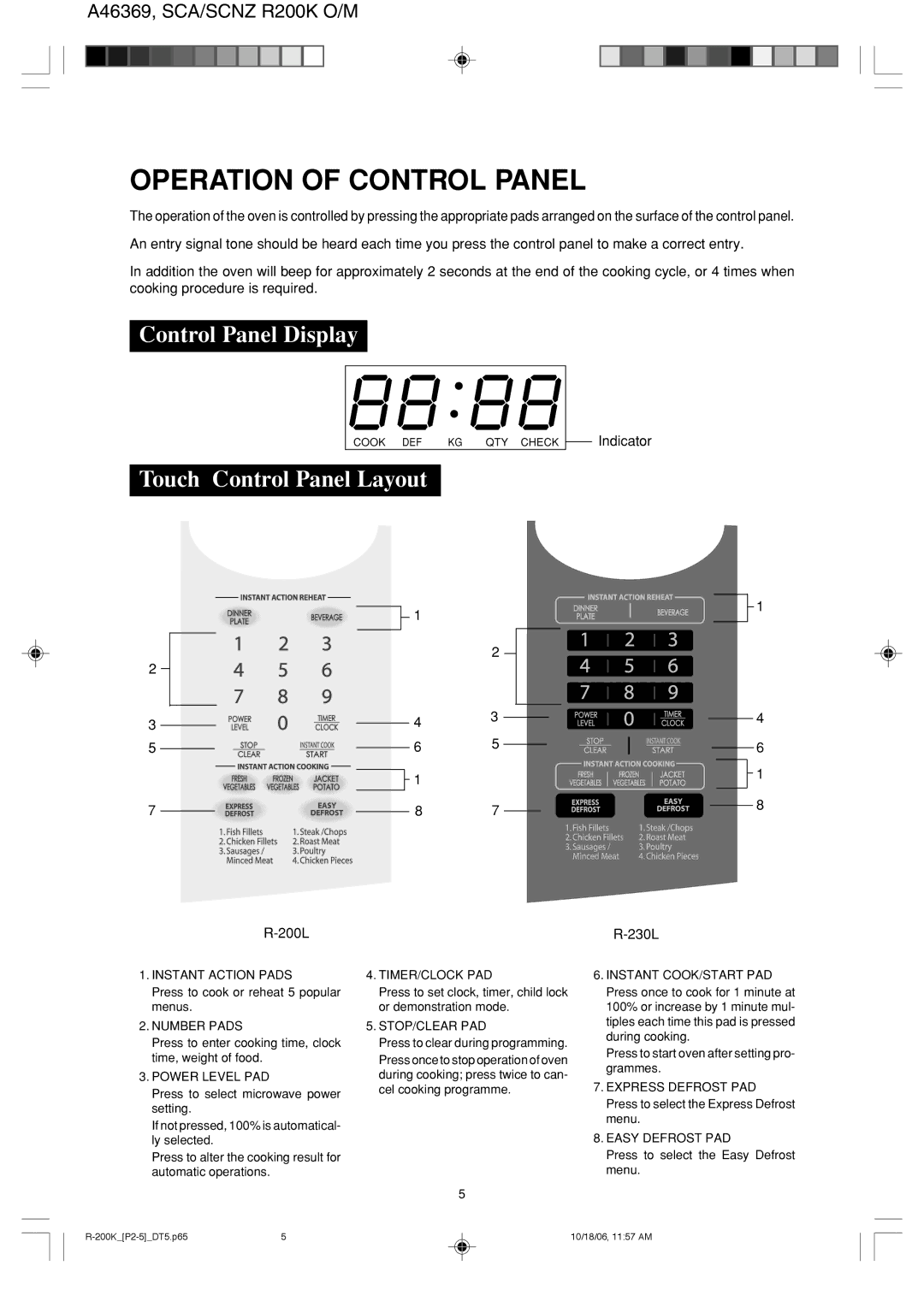 Sharp R-230L, R-200L Operation of Control Panel, Control Panel Display, Touch Control Panel Layout, 200L Indicator 230L 