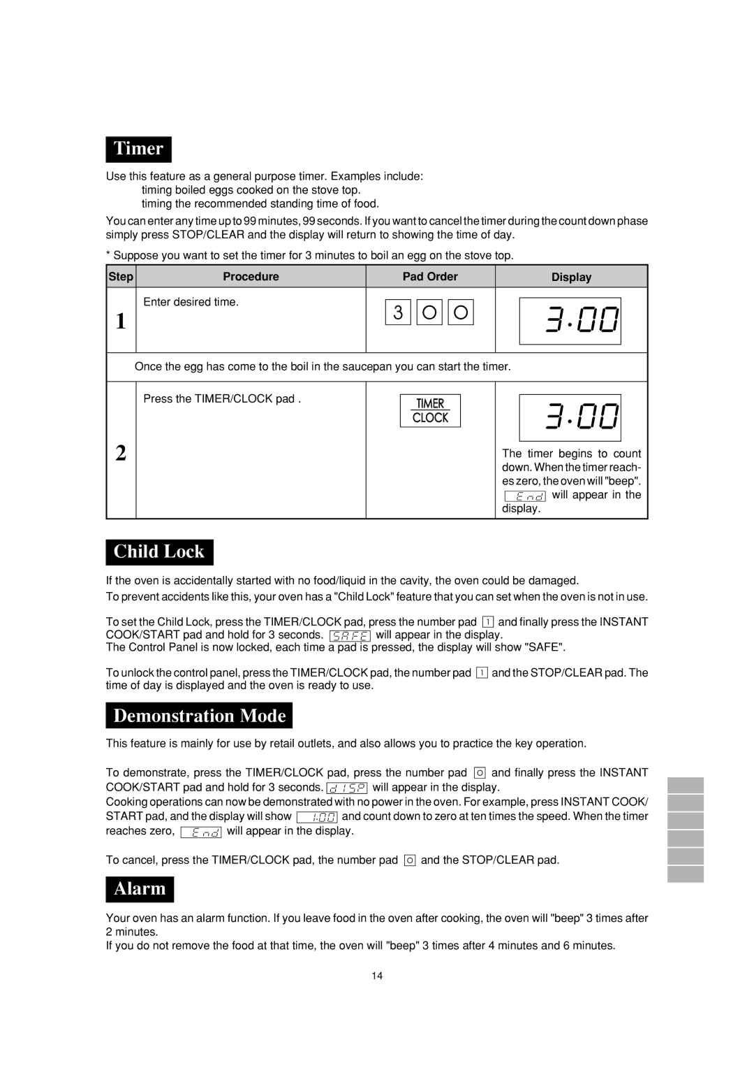 Sharp R-200L, R-230L operation manual Timer, Child Lock, Demonstration Mode, Alarm 