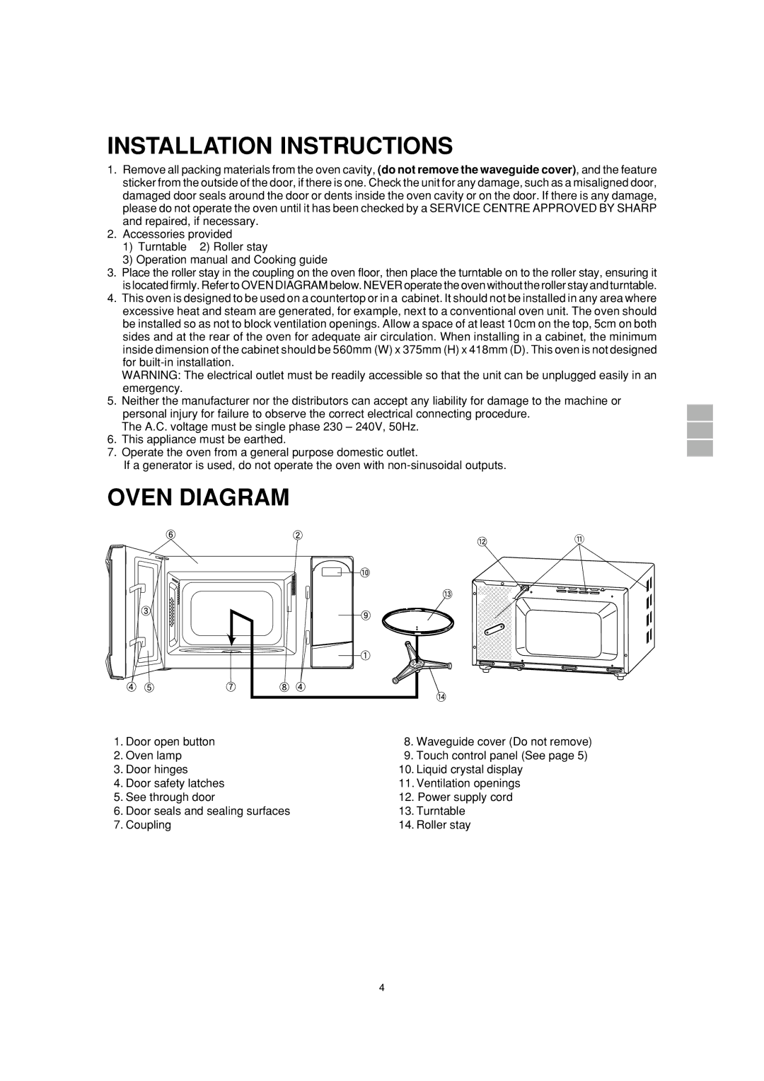 Sharp R-200L, R-230L operation manual Installation Instructions, Oven Diagram, Door open button 