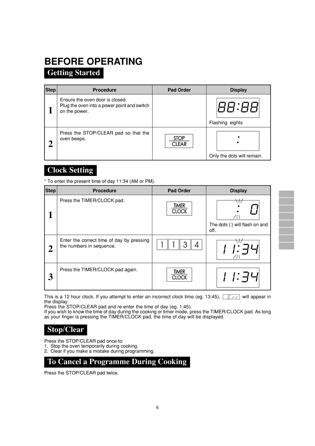 Sharp R-200L, R-230L Before Operating, Getting Started, Clock Setting, Stop/Clear, To Cancel a Programme During Cooking 