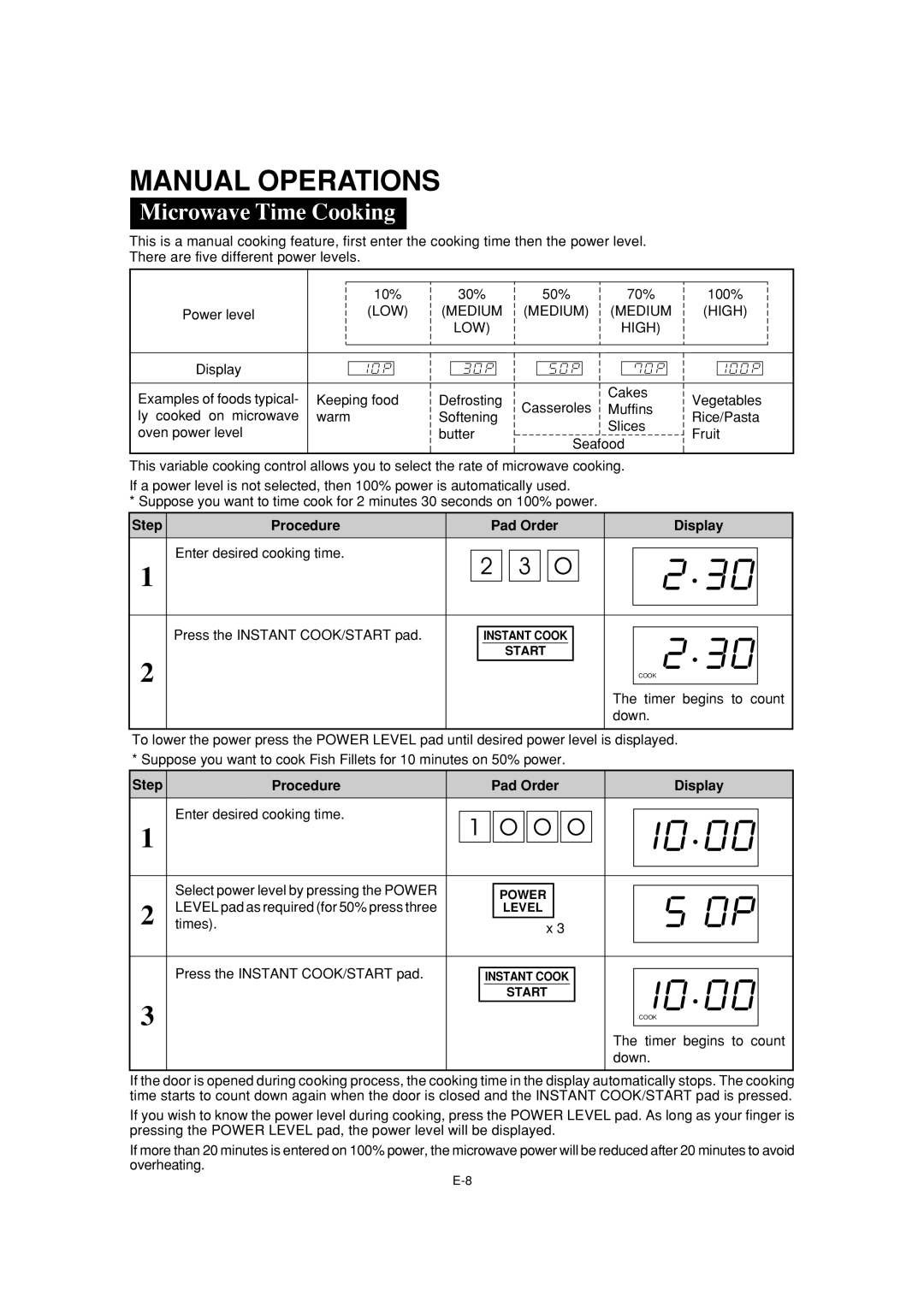 Sharp R-231F operation manual Manual Operations, Microwave Time Cooking, Timer begins to count, Down 