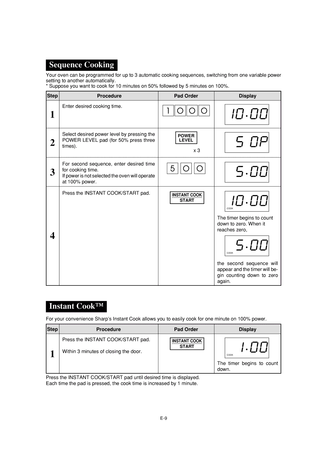 Sharp R-231F operation manual Sequence Cooking, Instant Cook, Within 3 minutes of closing the door 