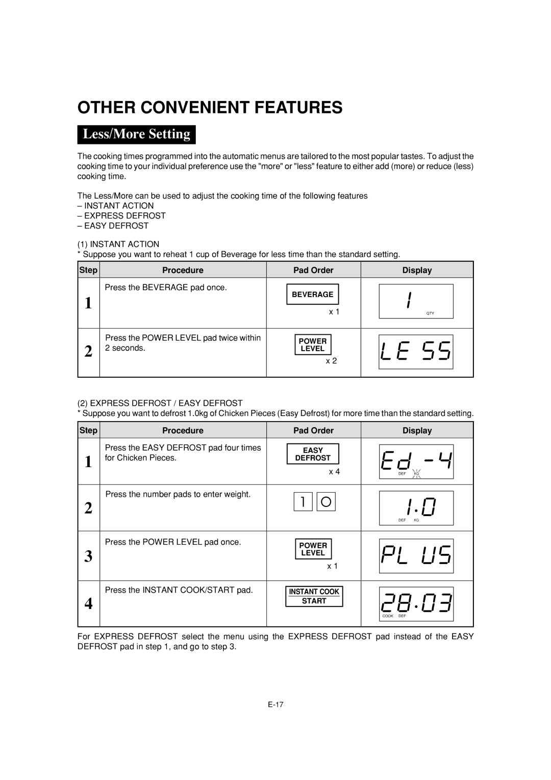 Sharp R-231F operation manual Other Convenient Features, Less/More Setting, For Chicken Pieces 