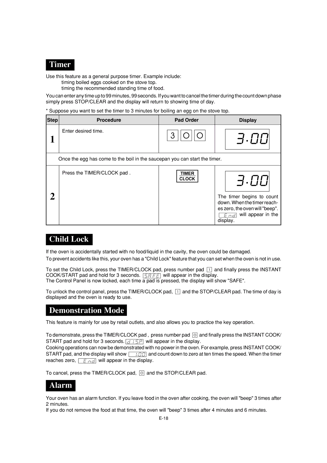 Sharp R-231F operation manual Timer, Child Lock, Demonstration Mode, Alarm 