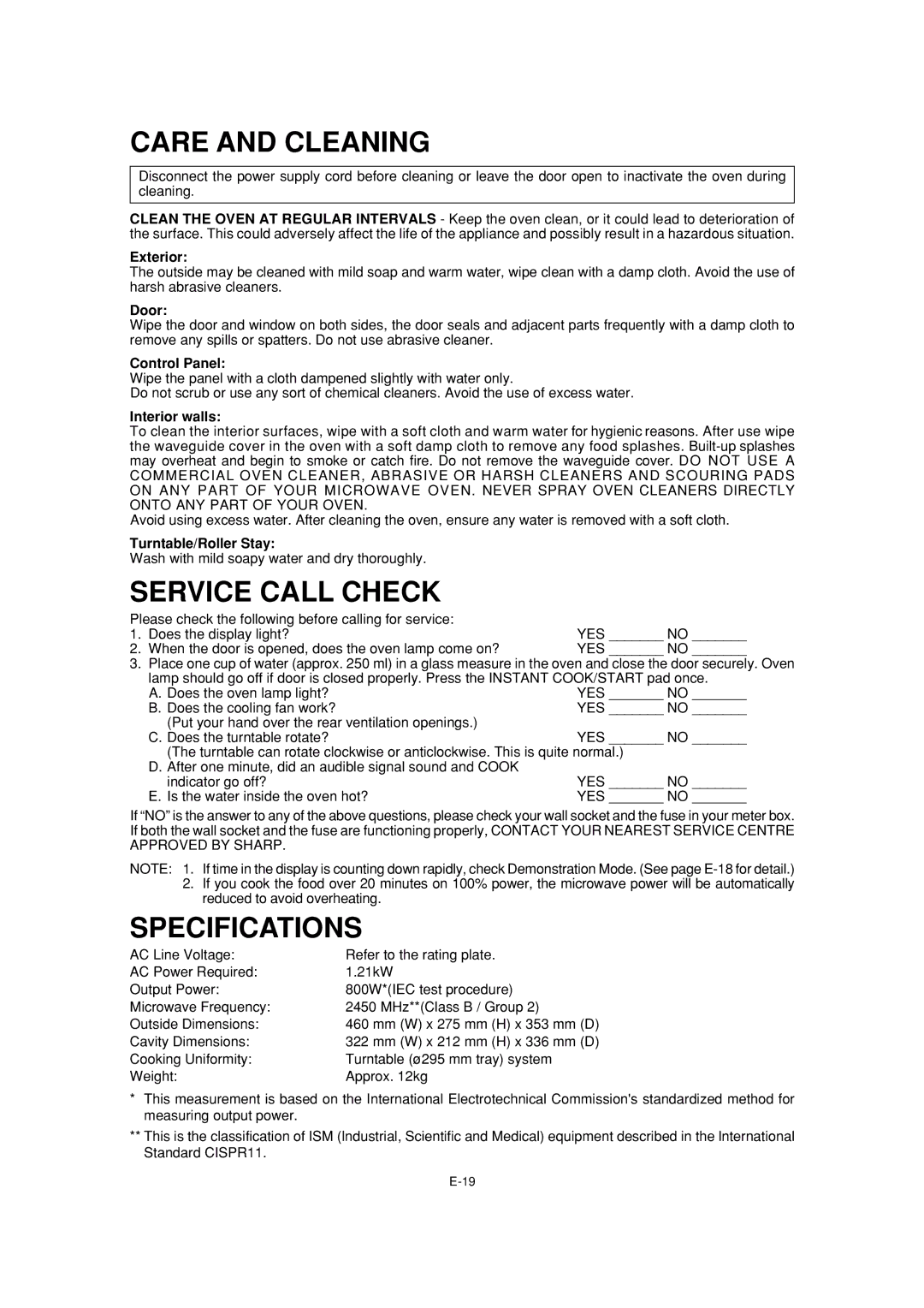 Sharp R-231F operation manual Care and Cleaning, Service Call Check, Specifications 