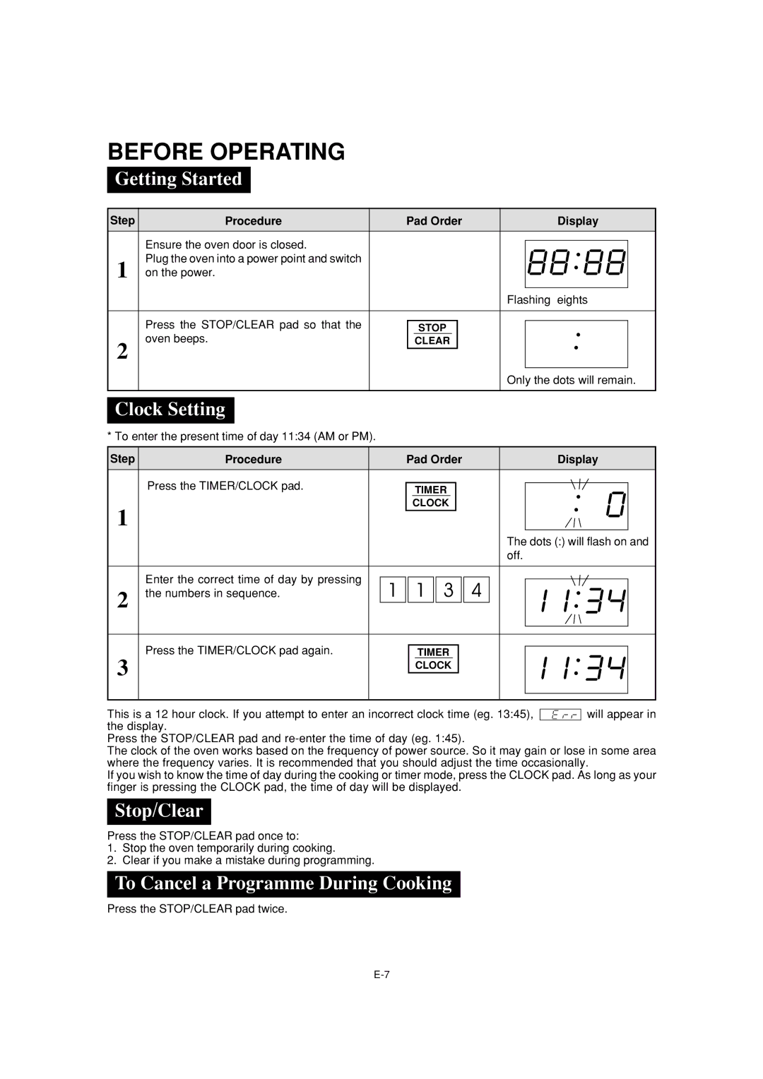 Sharp R-231F Before Operating, Getting Started, Clock Setting, Stop/Clear, To Cancel a Programme During Cooking 