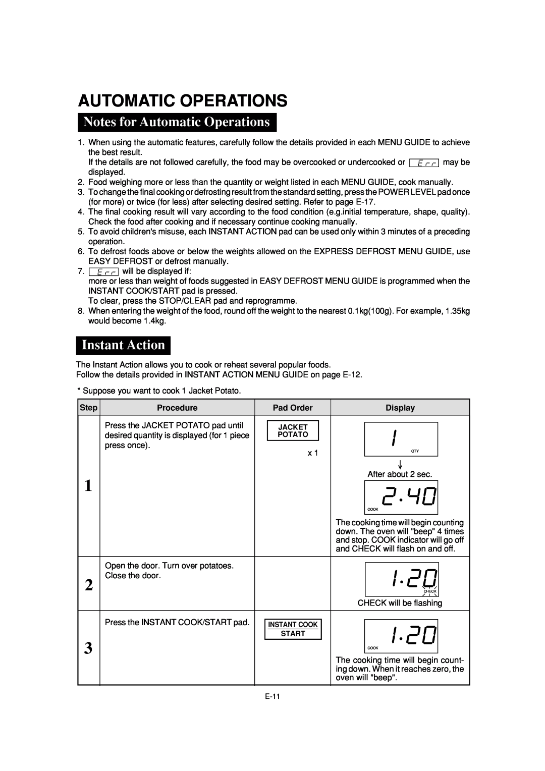 Sharp R-231F operation manual Notes for Automatic Operations, Instant Action 