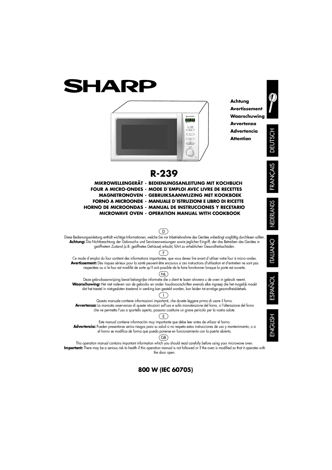 Sharp R-239 operation manual Iec, Achtung Avertissement Waarschuwing Avvertenza Advertencia 