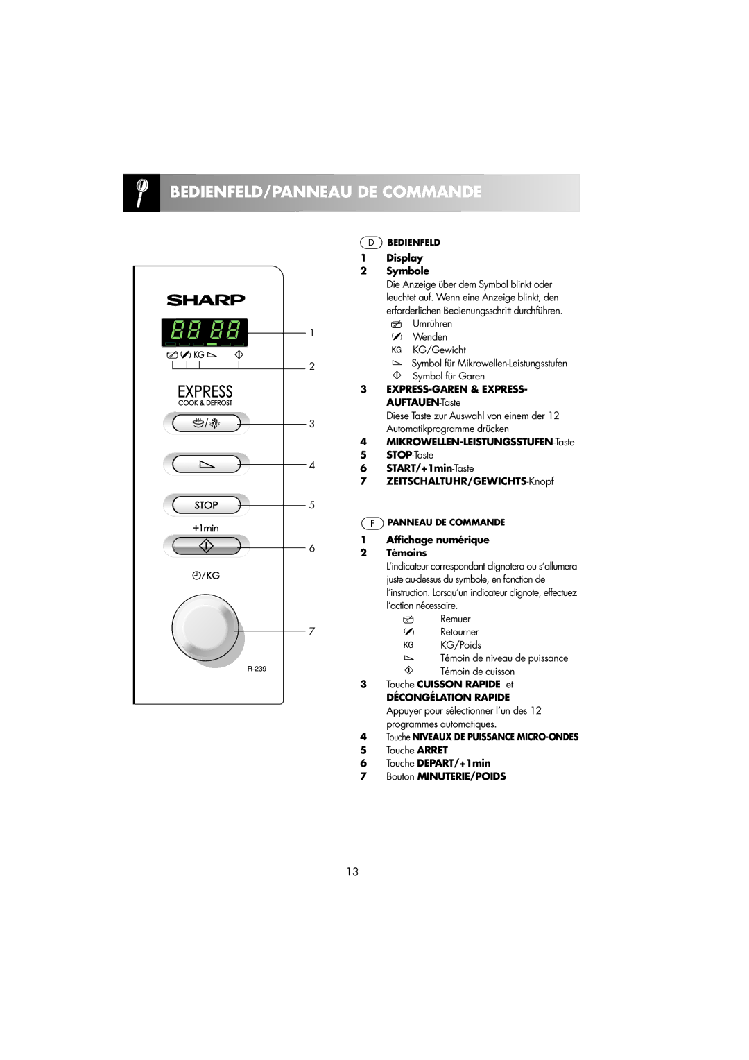 Sharp R-239 operation manual BEDIENFELD/PANNEAU DE Commande 