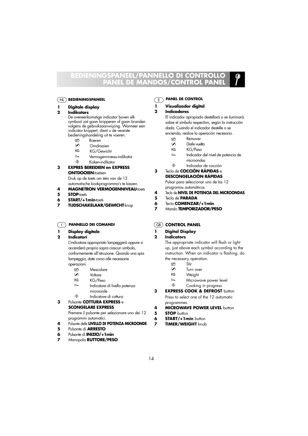 Sharp R-239 operation manual GB Control Panel, Scongelare Express 